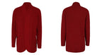 Burgundy long open front cardigan, front and back view