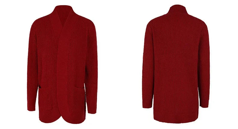 Burgundy long open front cardigan, front and back view