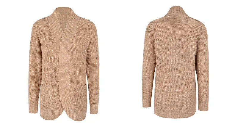 Camel long open front cardigan, front and back view