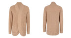 Camel long open front cardigan, front and back view