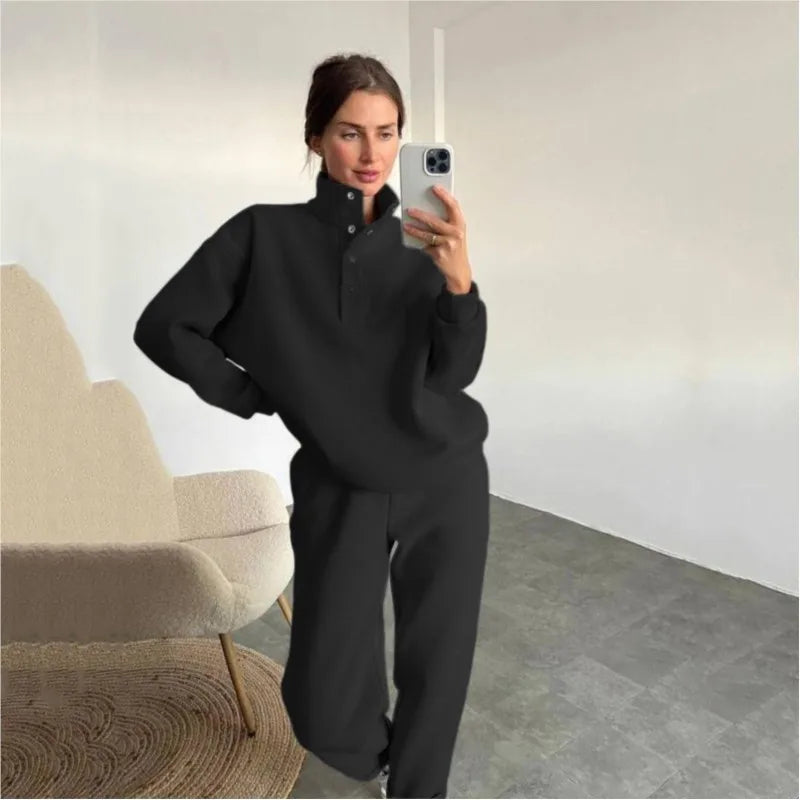 Black half button stand collar sweatshirt and jogger pants set