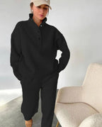 Black half button stand collar sweatshirt and jogger pants set