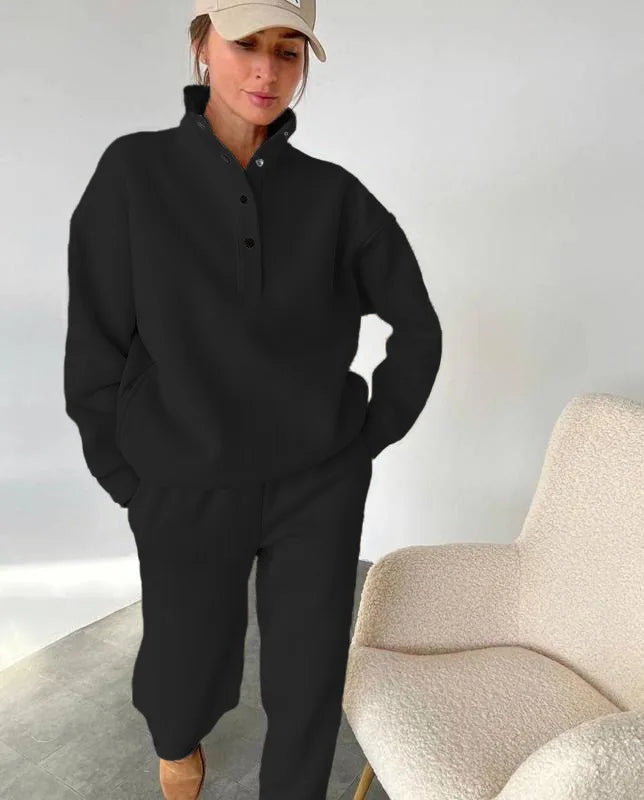 Black half button stand collar sweatshirt and jogger pants set