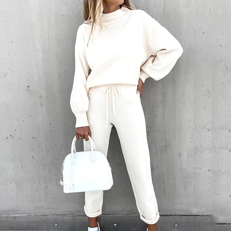 Cream high neck sweater and drawstring trouser set