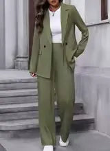 Green longline blazer and wide leg trousers suit set, front view