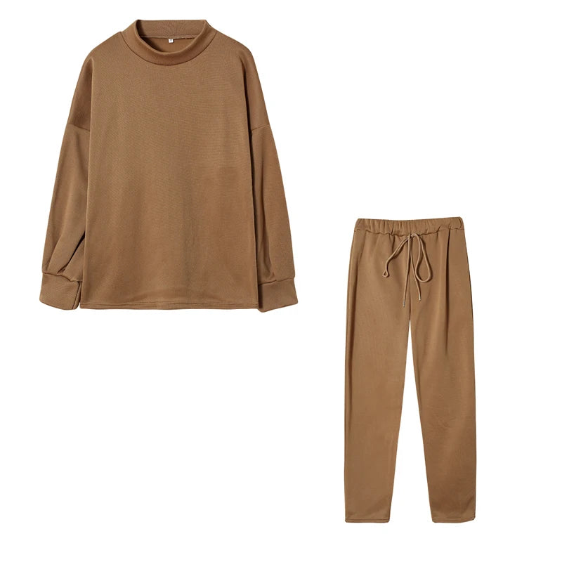 Caramel high neck sweater and drawstring trouser set, flat lay