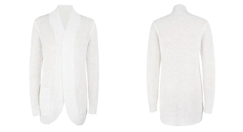 Ivory long open front cardigan, front and back view