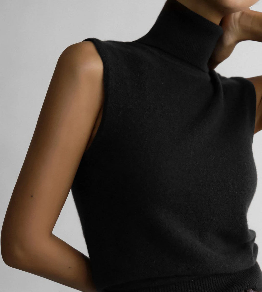 Black roll neck sleeveless knit tank, side view