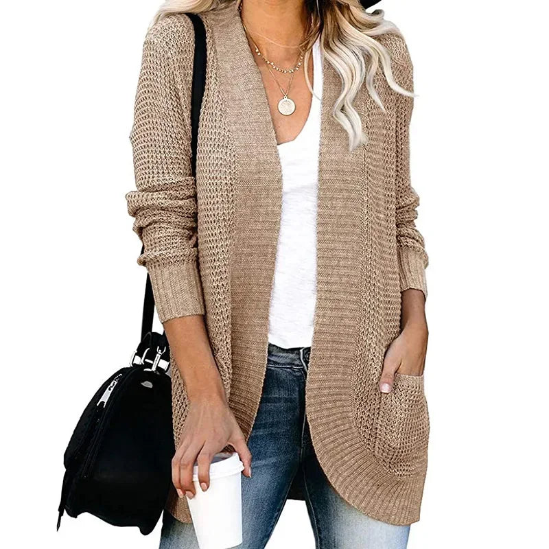 Camel long open front cardigan worn with jeans