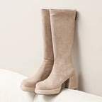 Sand platform knee high boots with chunky block heel, side view