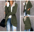 Olive green long open front cardigan with pockets, front, side and back views