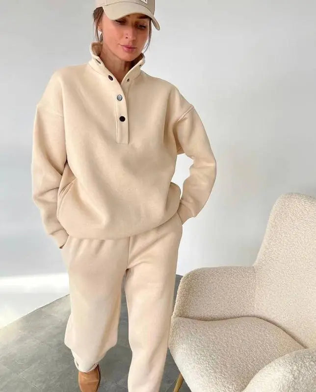 Beige half button stand collar sweatshirt and jogger pants set