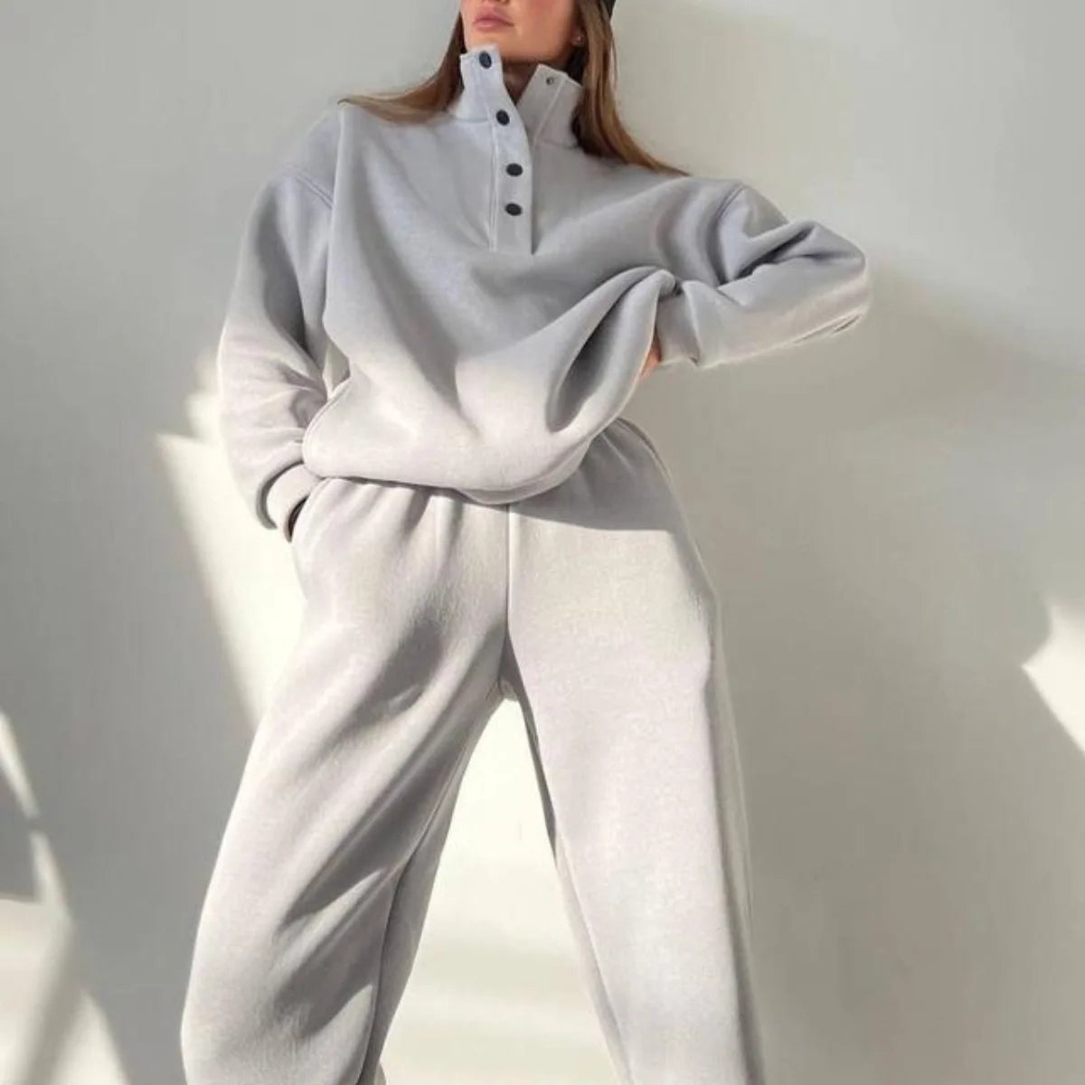 Grey half button stand collar sweatshirt and jogger pants set