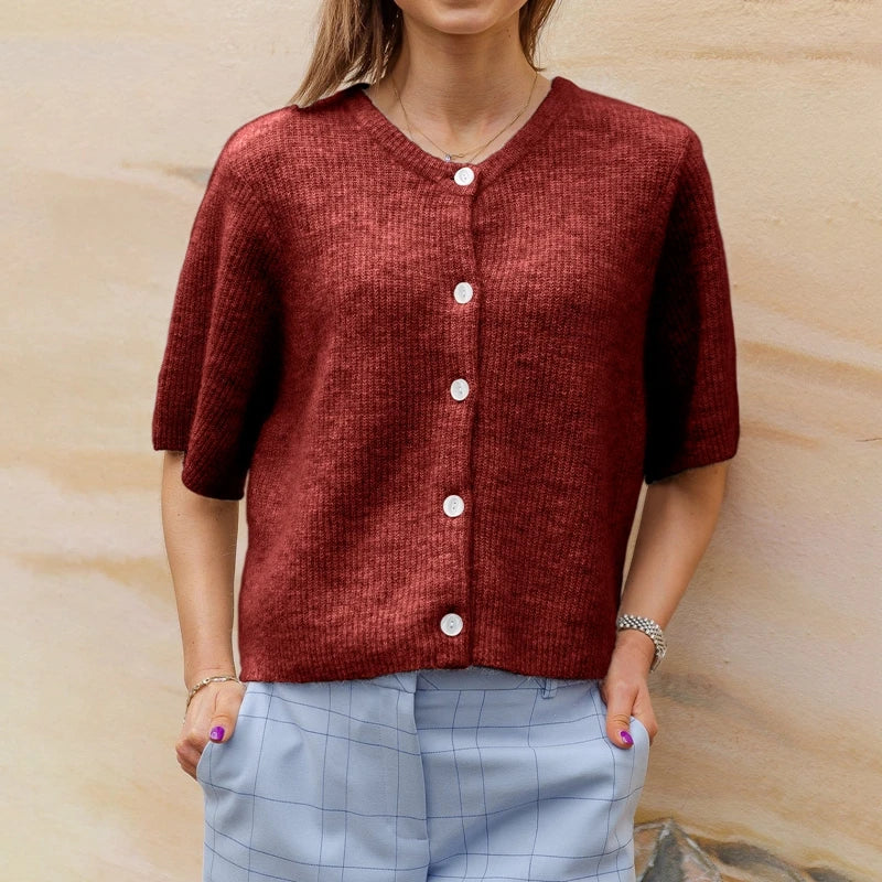 Brick red short sleeve button cardigan, front view