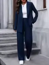 Navy longline blazer and wide leg trousers suit set, front view