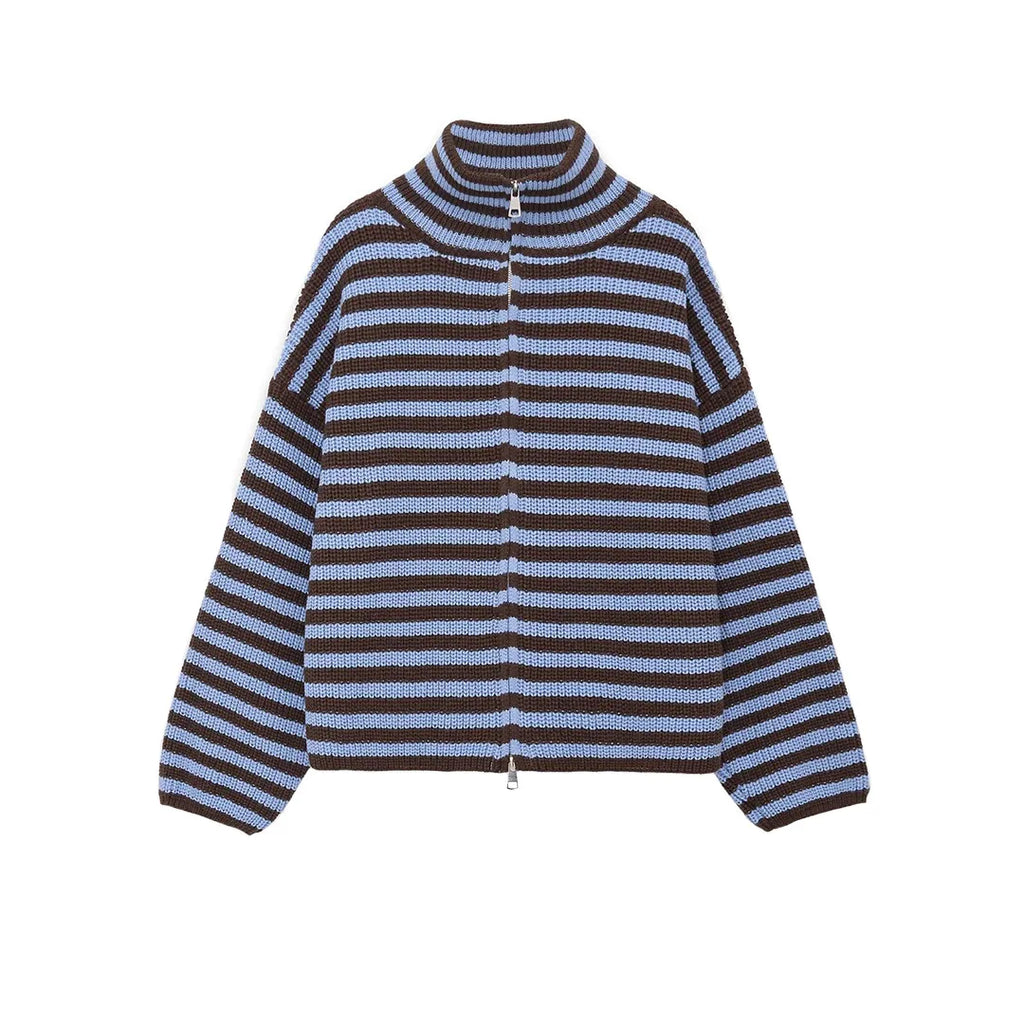 Blue striped zip up knit cardigan, flat lay