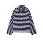 Blue striped zip up knit cardigan, flat lay