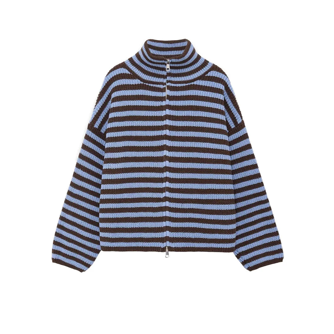 Blue striped zip up knit cardigan, flat lay