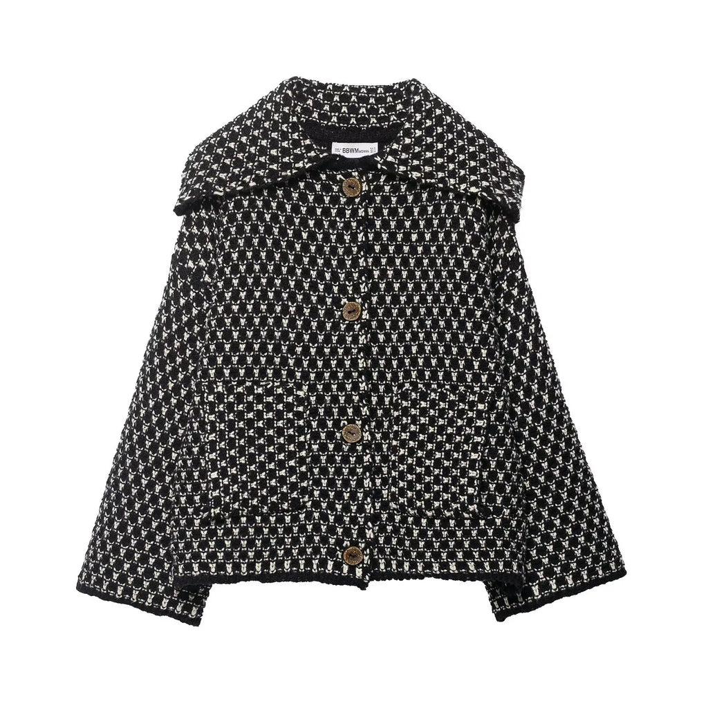 Black and white check knit collared cardigan with patch pockets