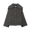 Black and white check knit collared cardigan with patch pockets
