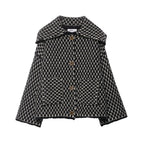 Black and white check knit collared cardigan with patch pockets