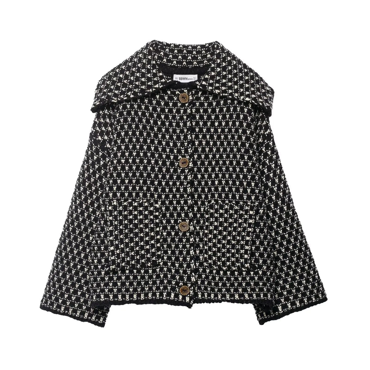 Black and white check knit collared cardigan with patch pockets