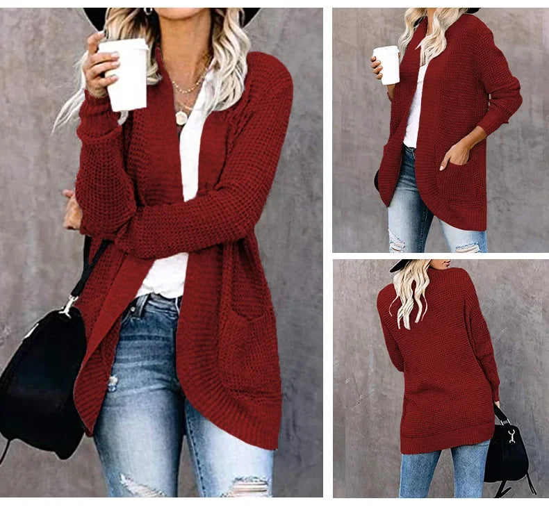 Burgundy long open front cardigan with pockets, front, side and back views