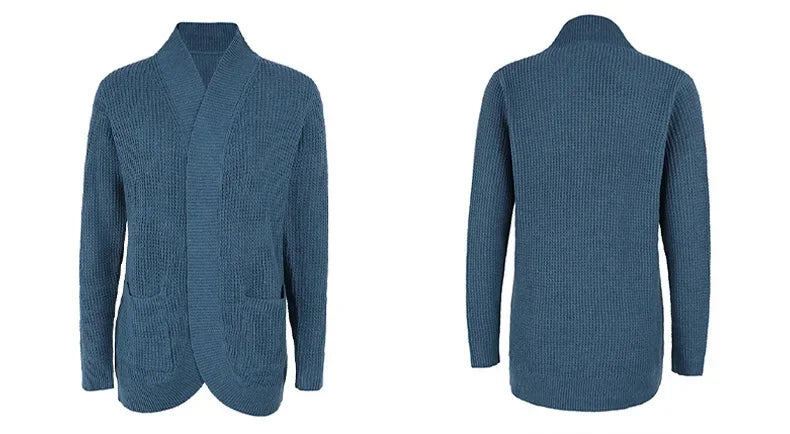 Denim blue long open front cardigan, front and back view