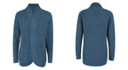 Denim blue long open front cardigan, front and back view