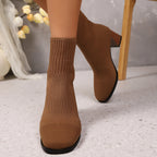Tan brown knit sock ankle boots with block heel
