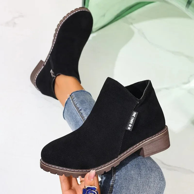 Black chunky platform ankle boots with side zip