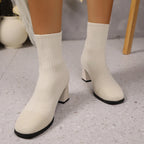 Cream knit sock ankle boots with block heel