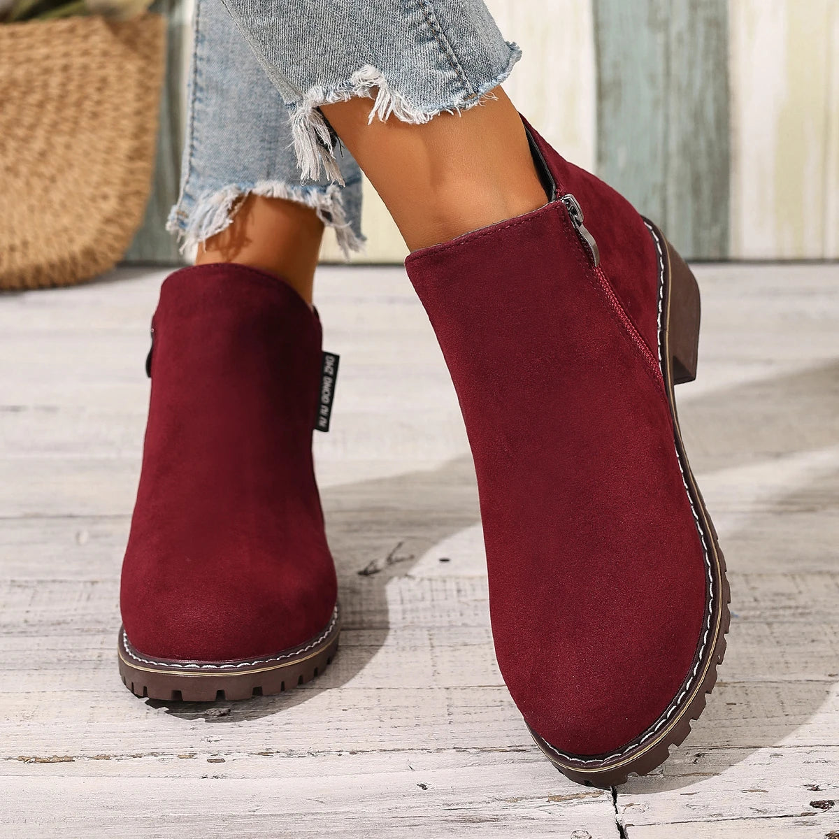 Burgundy ankle boots, front and side view