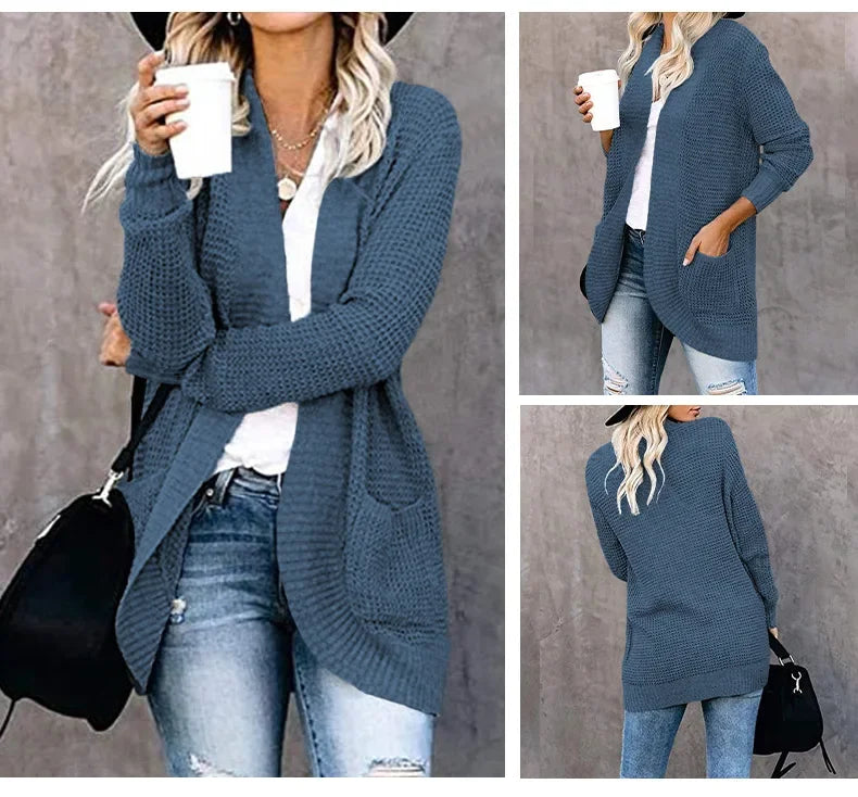 Denim blue long open front cardigan with pockets, front, side and back views