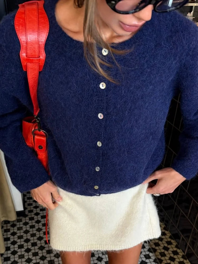 Navy button cardigan, cropped front view