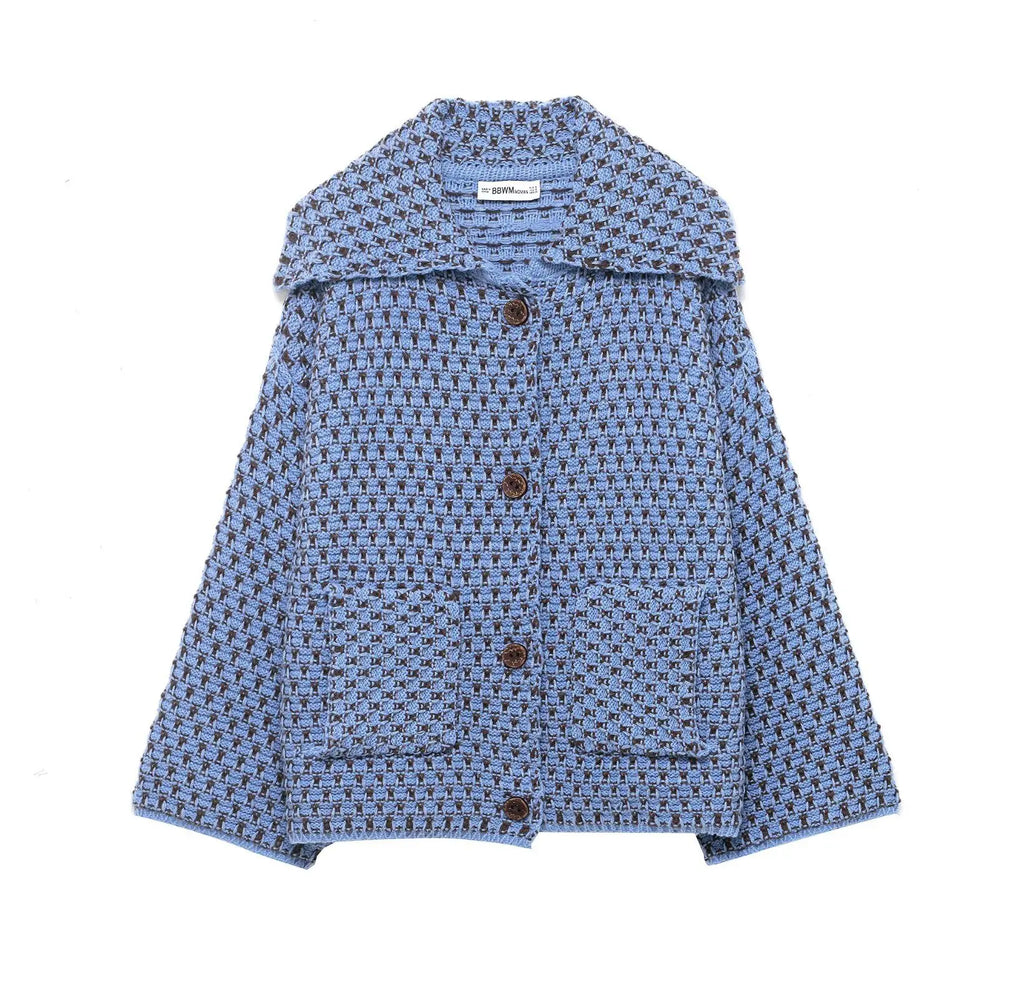 Blue check knit collared cardigan with patch pockets