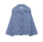 Blue check knit collared cardigan with patch pockets