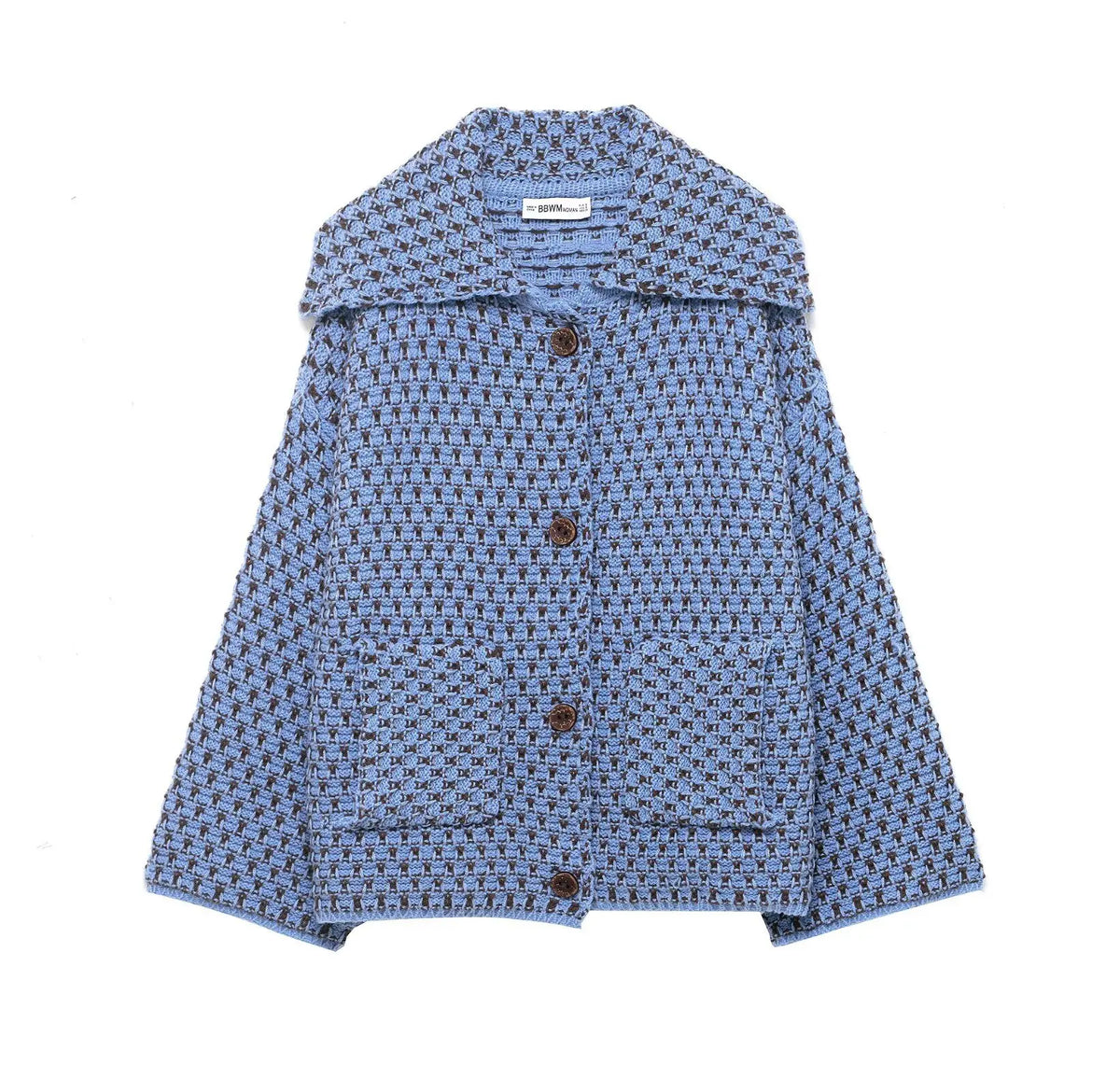 Blue check knit collared cardigan with patch pockets
