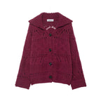 Burgundy open knit collared cardigan with black buttons