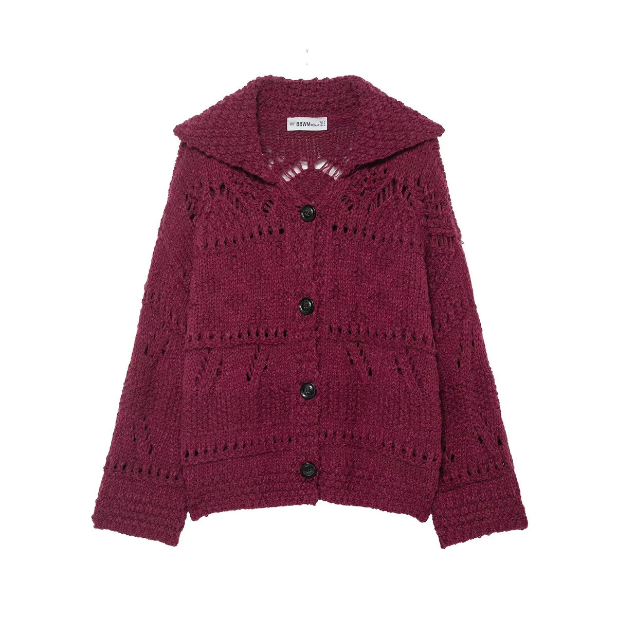 Burgundy open knit collared cardigan with black buttons