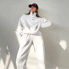 White half button stand collar sweatshirt and jogger pants set