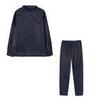 Navy high neck sweater and drawstring trouser set, flat lay