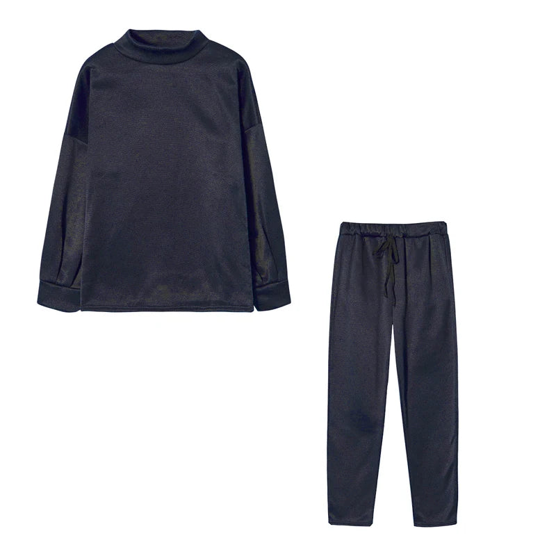 Navy high neck sweater and drawstring trouser set, flat lay