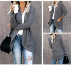 Dark grey long open front cardigan with pockets, front, side and back views