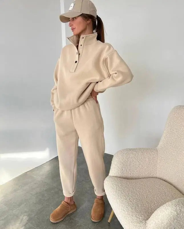 Beige half button stand collar sweatshirt and jogger pants set