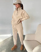 Beige half button stand collar sweatshirt and jogger pants set