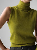 Lime green roll neck sleeveless knit tank, side view