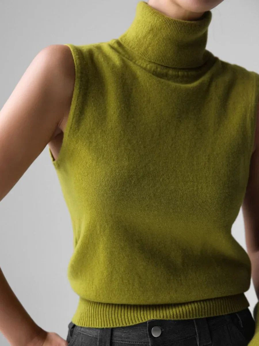 Lime green roll neck sleeveless knit tank, side view