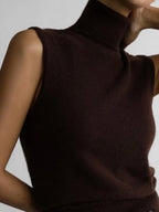Chocolate brown roll neck sleeveless knit tank, side view