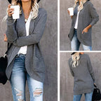 Grey long open front cardigan with pockets, front, side and back views